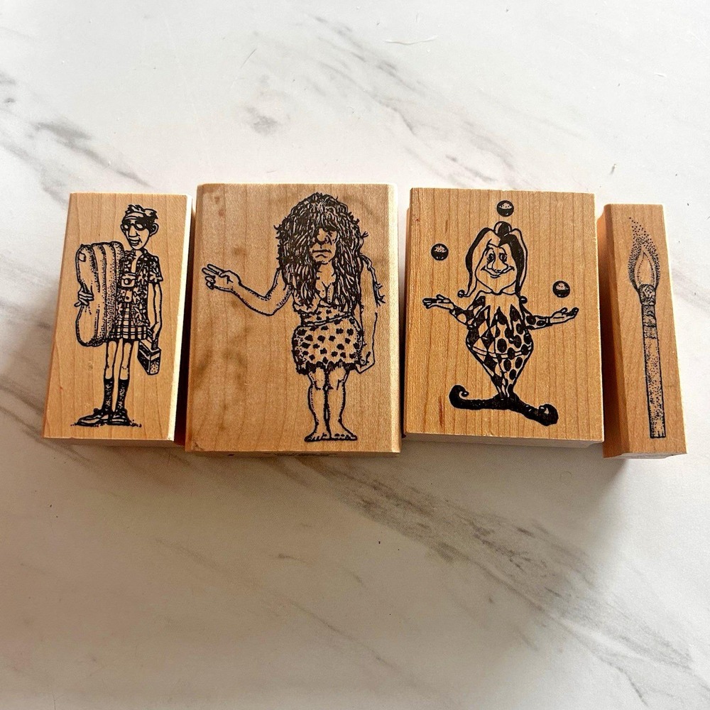 Lot of 4 Stamps Stamping Rubber Baby Buggy Bumper Candle Jester Caveman FFF-I